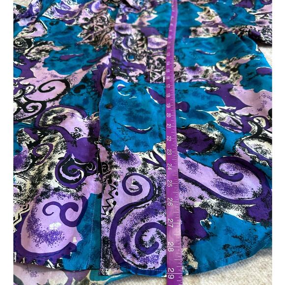 I.O.U Silk Blue and Purple Abstract Print Long Sleeve Silk Button Down, Size M - Picture 5 of 5